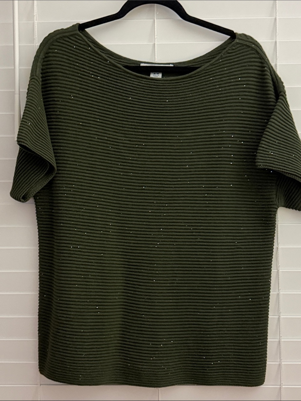 Olive Ribbed and Sparkly Short-Sleeve Sweater  Top